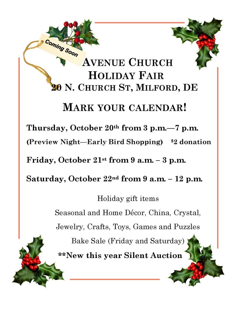 Holiday Fair 2022 poster with holly border quarter size.pub Avenue United Methodist Church